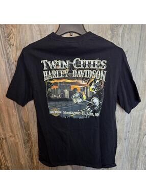 Harley Davidson Twin Cities Minn Skyline Black Graphic T-Shirt Size Large Wolf